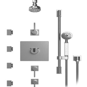 Rubinet - TEMPERATURE CONTROL SHOWER WITH THREE SEPERATE VOLUME CONTROLS, FIXED SHOWER HEAD, BAR, INTEGRAL SUPPLY, HAND HELD SHOWER & FOUR BODY SPRAYS, 3 FUNCTION WALL MOUNT,