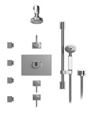 Rubinet - TEMPERATURE CONTROL SHOWER WITH THREE SEPERATE VOLUME CONTROLS, FIXED SHOWER HEAD, BAR, INTEGRAL SUPPLY, HAND HELD SHOWER & FOUR BODY SPRAYS, 3 FUNCTION WALL MOUNT,