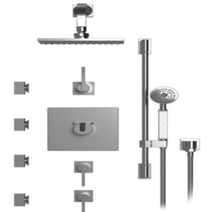 Rubinet - 46RT TEMPERATURE CONTROL SHOWER WITH THREE SEPERATE VOLUME CONTROLS, FIXED SHOWER HEAD, BAR, INTEGRAL SUPPLY, HAND HELD SHOWER & FOUR BODY SPRAYS, 8" WALL MOUNT