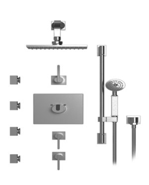 Rubinet - 46RT TEMPERATURE CONTROL SHOWER WITH THREE SEPERATE VOLUME CONTROLS, FIXED SHOWER HEAD, BAR, INTEGRAL SUPPLY, HAND HELD SHOWER & FOUR BODY SPRAYS, 8" WALL MOUNT