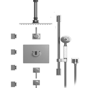 Rubinet - TEMPERATURE CONTROL SHOWER WITH THREE SEPERATE VOLUME CONTROLS, FIXED SHOWER HEAD, BAR, INTEGRAL SUPPLY, HAND HELD SHOWER & FOUR BODY SPRAYS, 8" CEILING MOUNT