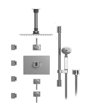 Rubinet - TEMPERATURE CONTROL SHOWER WITH THREE SEPERATE VOLUME CONTROLS, FIXED SHOWER HEAD, BAR, INTEGRAL SUPPLY, HAND HELD SHOWER & FOUR BODY SPRAYS, 8" CEILING MOUNT